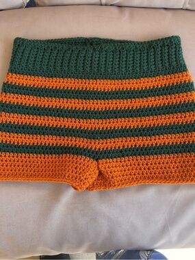 Handmade Crochet Striped Women’s Shorts - Green & Orange